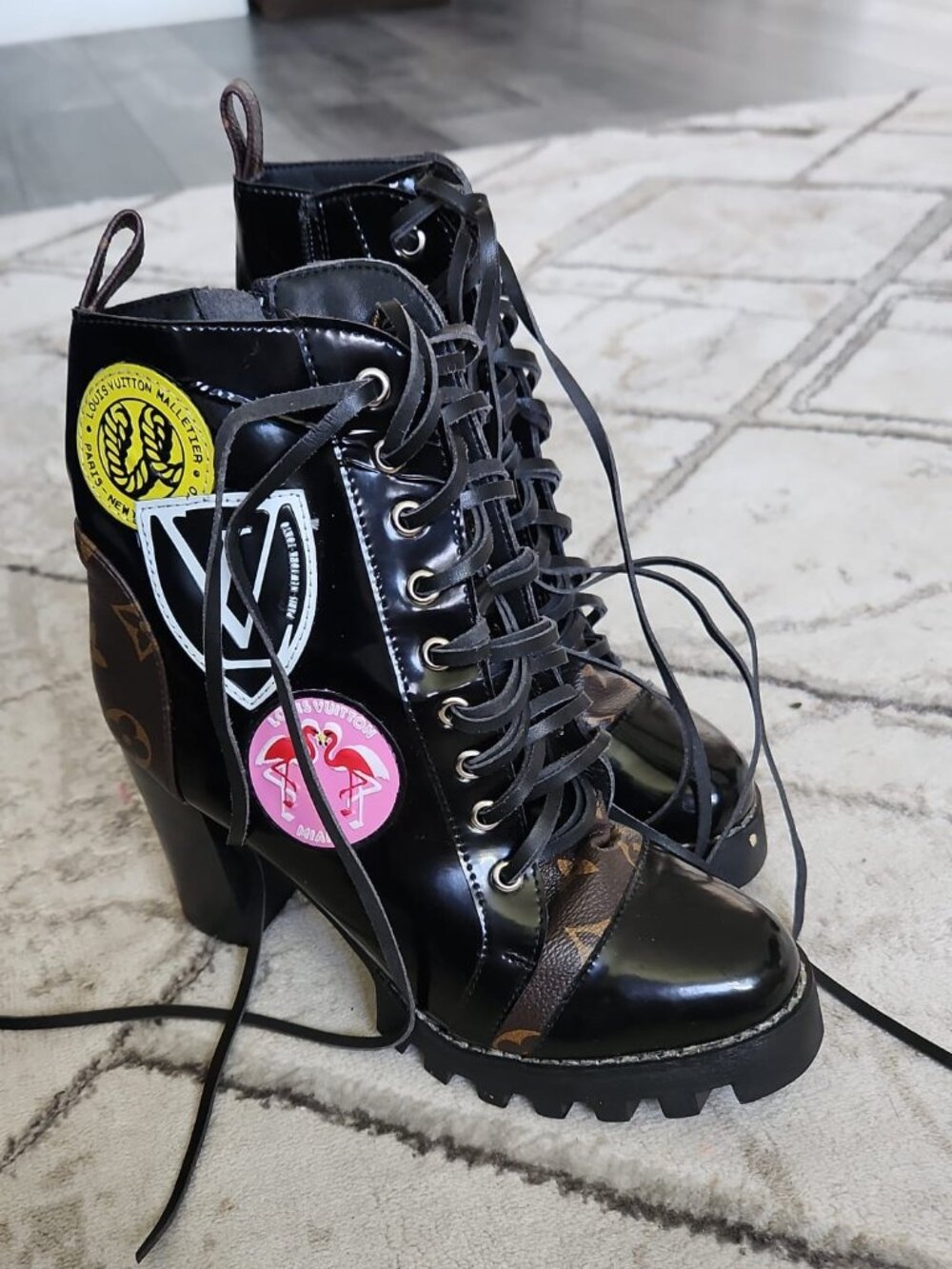 Louis Vuitton Star Trail Ankle Boot — Black Patent Monogram — Patches